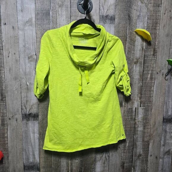 Neon Buddha Lime Green Chartreuse Tunic Yoga Cowl Neck 3/4 Sleeve Stretch - Picture 1 of 3